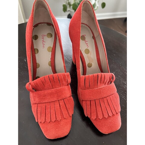 Boden Red Suede Tassel Loafer Heels Size 37 EUC - Picture 2 of 6